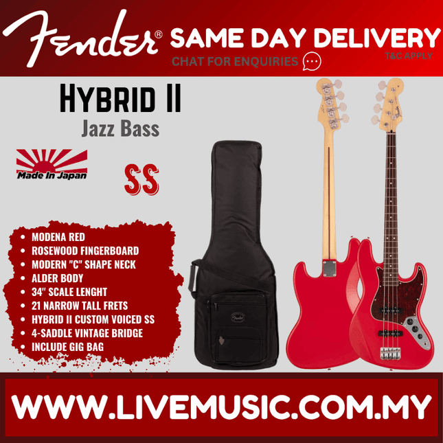Fender Japan Hybrid II Jazz Bass Guitar, Rosewood Fretboard with Gig Bag - Modena Red