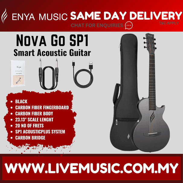 Black acoustic-electric guitar with cutaway and built-in controls, shown with headstock and strings