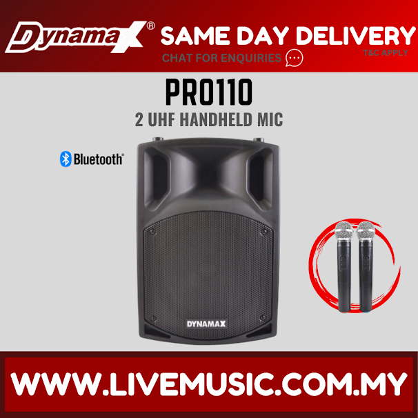 Dynamax PRO110 portable PA speaker with Bluetooth; front speaker grille and UHF mic