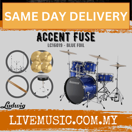 Ludwig Accent Fuse 5-Piece Drums Set w/Hardware+Throne+Cymbal (LC16019DIR)- Blue Foil