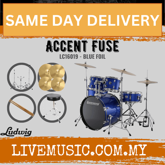 Blue Ludwig accent drum set with cymbals, hardware, and throne