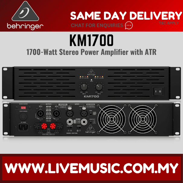 Behringer KM1700 2-channel power amplifier, black rack unit with knobs, vents, ports