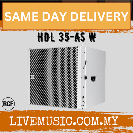 RCF active flyable subwoofer module with white enclosure and front speaker grille