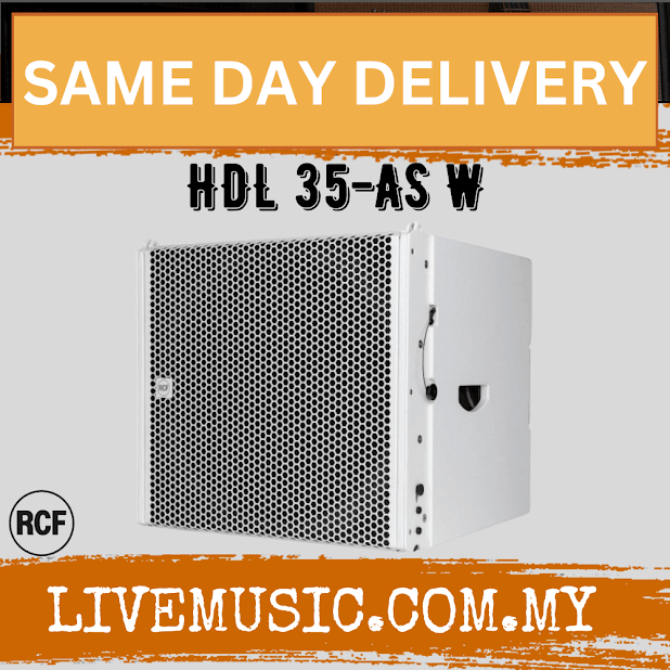 RCF active flyable subwoofer module with white enclosure and front speaker grille
