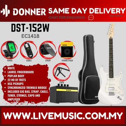 Donner DST-152 Stratocaster HSS Electric Guitar w/Accessories, Laurel Fretboard - White ( DST 152 DST152 )