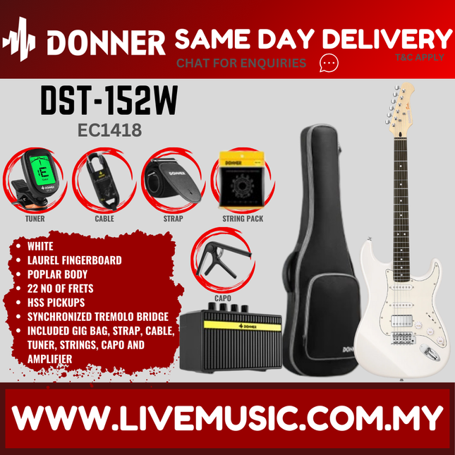 Donner DST-152 Stratocaster HSS Electric Guitar w/Accessories, Laurel Fretboard - White ( DST 152 DST152 )
