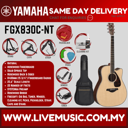 Yamaha FGX830C Dreadnought Cutaway Acoustic-Electric Guitar - Natural ( FGX-830C-BK / FGX830C-NT ) (Copy)