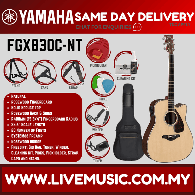 Yamaha FGX830C Dreadnought Cutaway Acoustic-Electric Guitar - Natural ( FGX-830C-BK / FGX830C-NT ) (Copy)