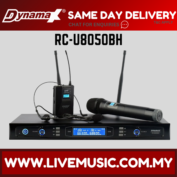 Dual UHF wireless microphone set with receiver, handheld mic, and headset mic