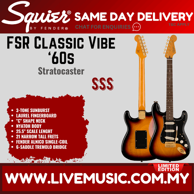 Squier FSR Classic Vibe 60s Stratocaster Electric Guitar, Indian Laurel FB, 3-Tone Sunburst