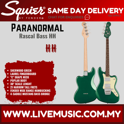 Squier Paranormal Rascal Bass HH Guitar, Laurel FB, Sherwood Green