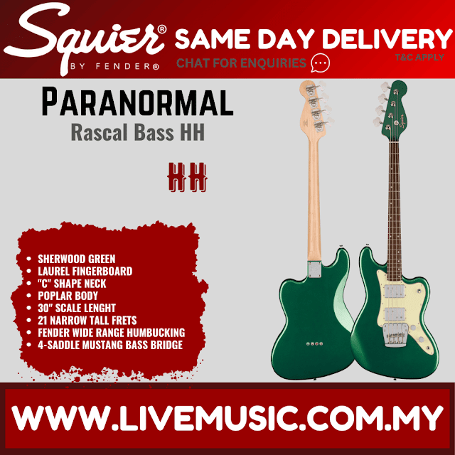 Squier Paranormal Rascal Bass HH Guitar, Laurel FB, Sherwood Green