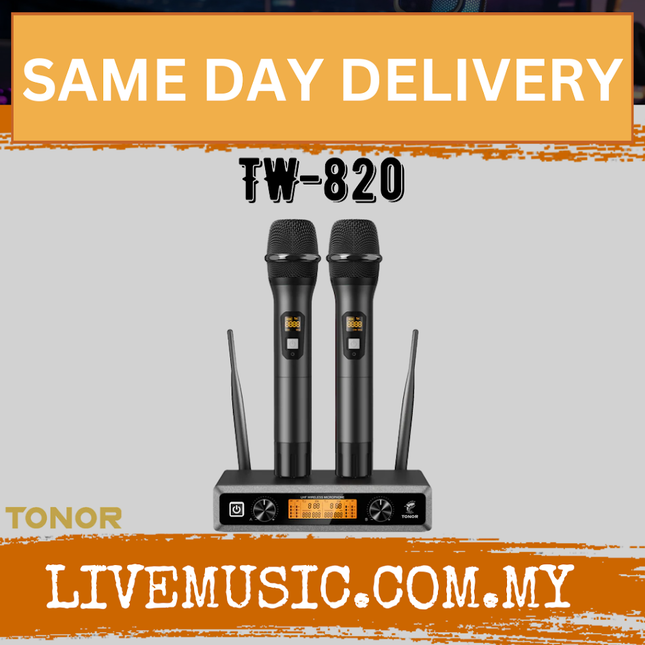 Dual wireless microphone set with two black handheld mics and charging base