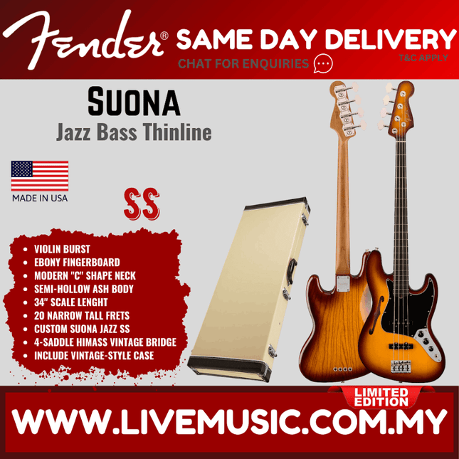 Fender Limited Edition American Suona Jazz Bass Thinline Guitar, Ebony FB, Violin Burst