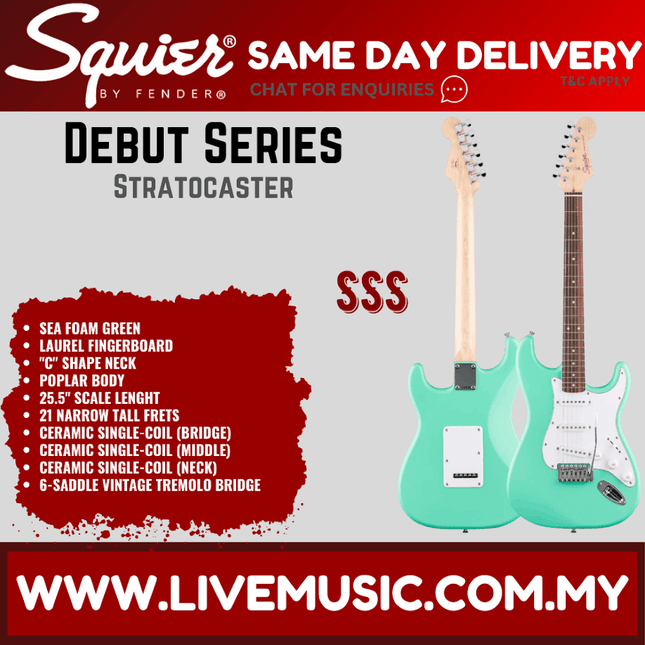 Squier Debut Series Stratocaster Electric Guitar, Laurel FB, Sea Foam Green