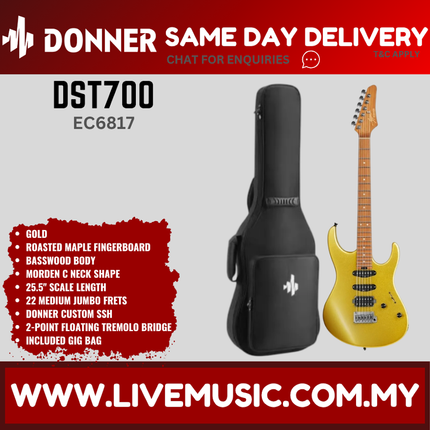 Donner EC6817 DST-700 Electric Guitar w/Gigbag, Roasted Maple Fingerboard, Gold ( DST700 / DST 700 )