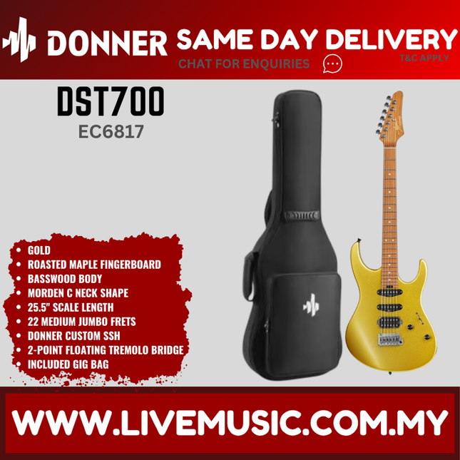 Donner EC6817 DST-700 Electric Guitar w/Gigbag, Roasted Maple Fingerboard, Gold ( DST700 / DST 700 )