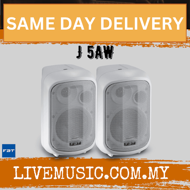 White FBT active monitor speaker pair, two front-grille speakers side by side
