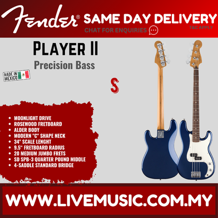 Fender Player II Precision Bass Guitar, RW FB, Moonlight Drive