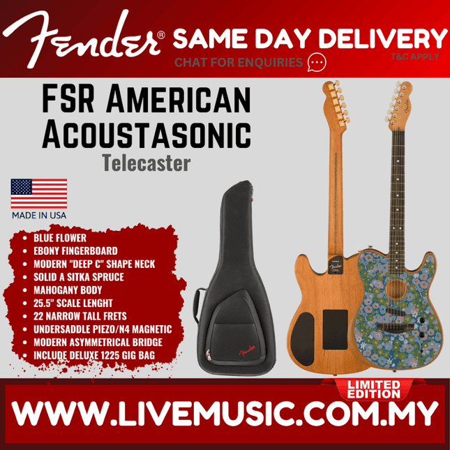 Fender FSR American Acoustasonic Telecaster Acoustic Guitar w/bag, Ebony FB, Blue Flower