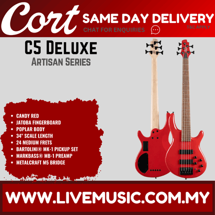 Cort C5 Deluxe Electric Bass Guitar-Candy Red (C5DLXCRD/C5-DLX-CRD)