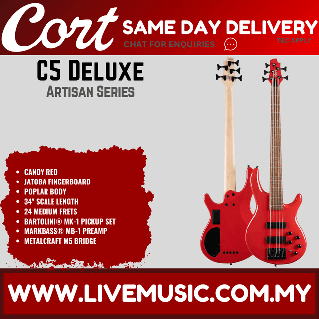 Cort C5 Deluxe Electric Bass Guitar-Candy Red (C5DLXCRD/C5-DLX-CRD)
