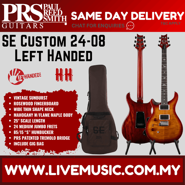 PRS SE Custom 24-08 Left-Handed Electric Guitar, Vintage Sunburst