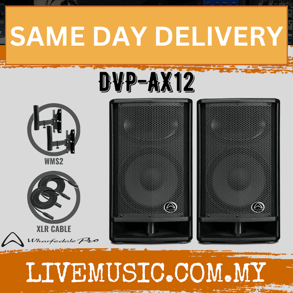Pair of active 2-way loudspeakers DVP-AX12, black 12-inch cabinets, front grilles