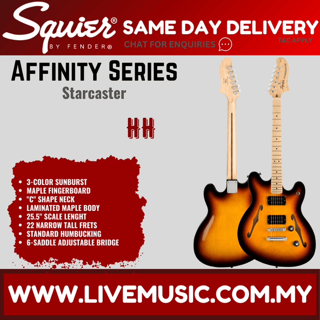 Squier Affinity Series Starcaster Electric Guitar, Maple Fretboard - 3-Tone Sunburst
