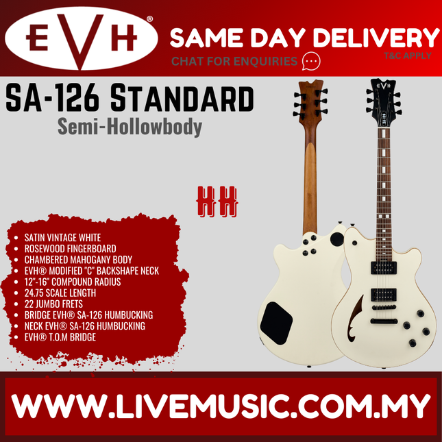 EVH SA-126 Standard Semi-Hollowbody Electric Guitar, RW FB, Vintage White (SA 126/SA126)