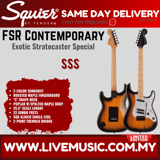 Squier FSR Contemporary Exotic Stratocaster Special Guitar, Roasted Maple FB, 2-Color Sunburst