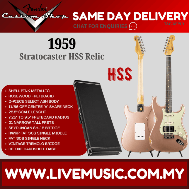 Fender Custom Shop 1959 Stratocaster HSS Relic Electric Guitar, Shell Pink Metallic