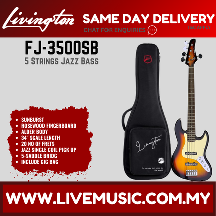 Livingston FJ-3500 5-String Jazz Bass Guitar, Rosewood Fretboard, w/Gig Bag ( JB 3500 JB3500 / FJ 3500 FJ3500 )