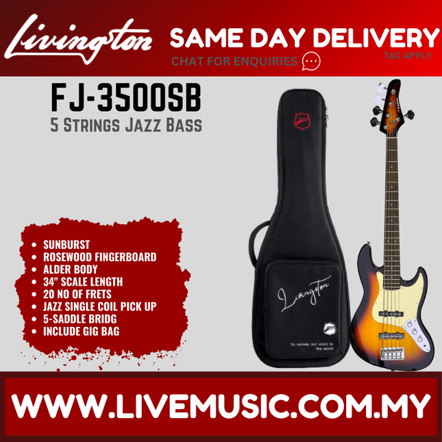 Livingston FJ-3500 5-String Jazz Bass Guitar, Rosewood Fretboard, w/Gig Bag-Sunburst ( JB 3500 JB3500 / FJ 3500 FJ3500 )