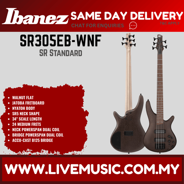 Ibanez SR305EB-WNF 5 String Nyatoh Body SR Series Standard Electric Bass Guitar - Walnut Flat (SR305EBWNF/SR305EB WNF)