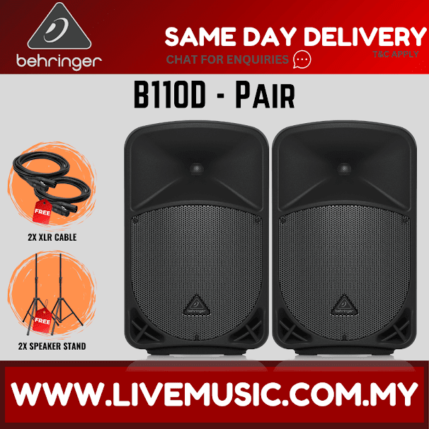 Pair of black powered speakers with XLR cable and speaker-stand bundle icons