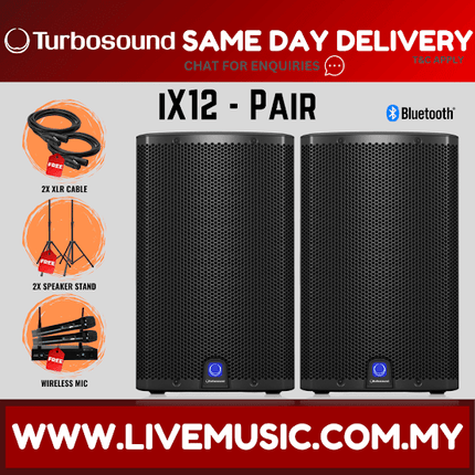 Turbosound iX12 2-Way 12" Powered Loudspeaker  w/Wireless Mic, Speaker Stand And Cable - Pair ( iX-12 / iX 12 )