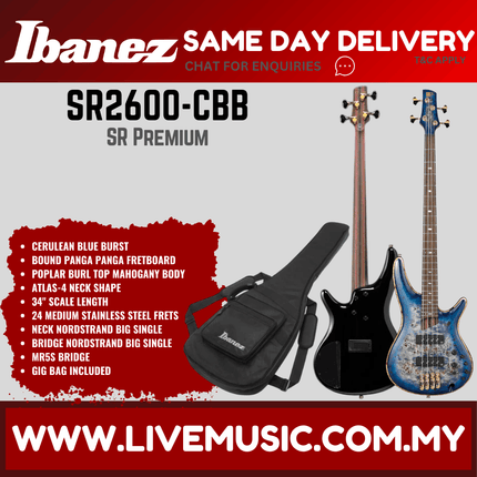 Ibanez Premium SR2600-CBB Electric Bass Guitar, Cerulean Blue Burst ( SR2600 CBB / SR2600CBB )