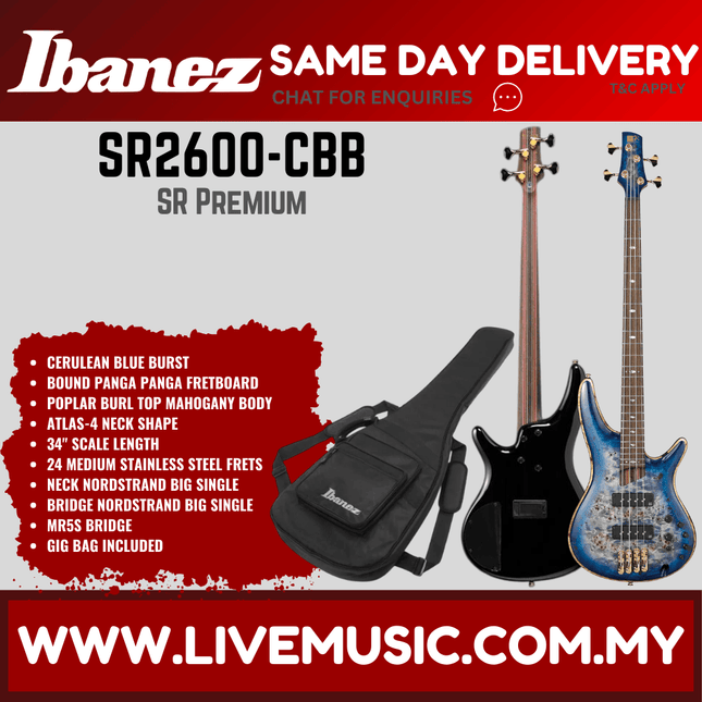 Ibanez Premium SR2600-CBB Electric Bass Guitar, Cerulean Blue Burst ( SR2600 CBB / SR2600CBB )