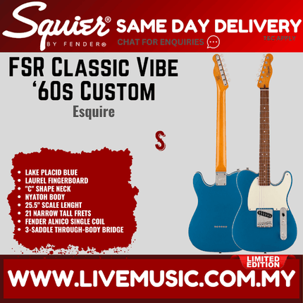 Squier FSR Classic Vibe 60s Custom Esquire Electric Guitar, Laurel FB, Lake Placid Blue
