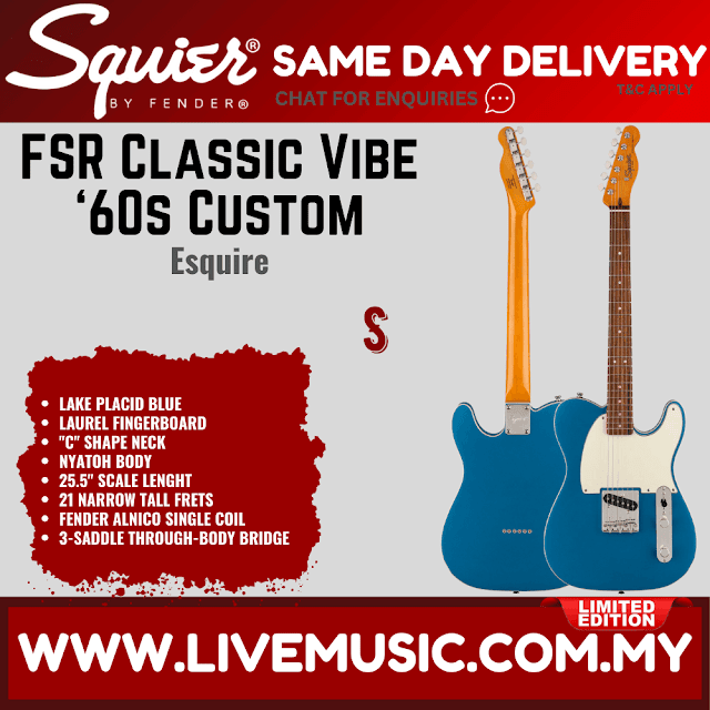 Squier FSR Classic Vibe 60s Custom Esquire Electric Guitar, Laurel FB, Lake Placid Blue