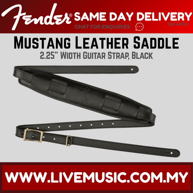 Black leather saddle guitar strap with adjustment holes and gold buckle hardware