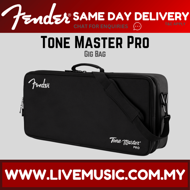 Black gig bag with Fender logo, shoulder strap, and Tone Master Pro branding
