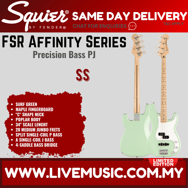 Squier FSR Affinity Precision PJ Bass Guitar, Maple FB, Surf Green