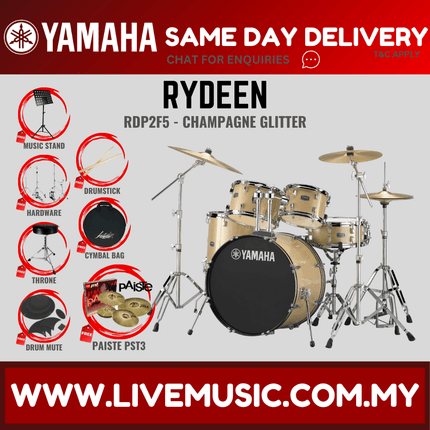 Yamaha Rydeen 5-piece RDP2F5 Acoustic Drum Set w/Paiste PST 3 Cymbal Set, Drum Mute, Drumsticks & Stool ( RDP2F5 )