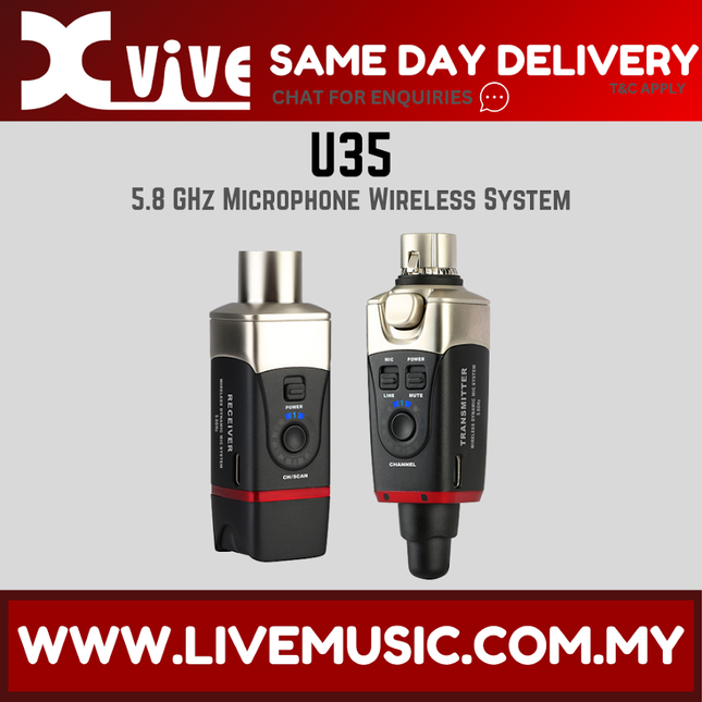 Xvive U35 5.8GHz wireless microphone system, transmitter and receiver pair with silver tops.