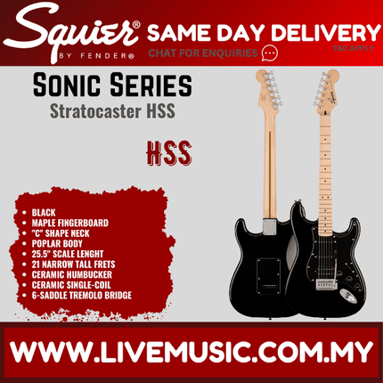 Squier Sonic Stratocaster HSS Electric Guitar w/Black Pickguard, Maple FB, Black