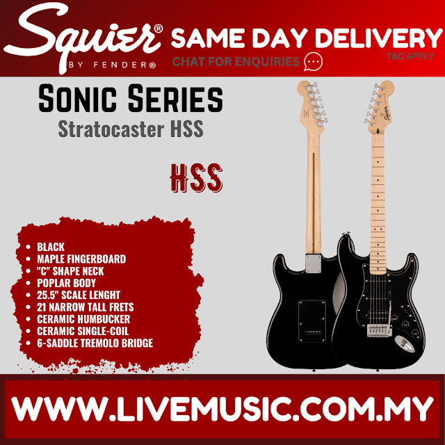 Squier Sonic Stratocaster HSS Electric Guitar w/Black Pickguard, Maple FB, Black
