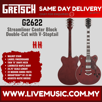 Walnut-stain double-cut electric guitar with center block and V-stoptail bridge