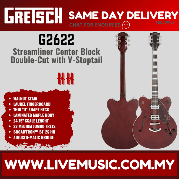 Walnut-stain double-cut electric guitar with center block and V-stoptail bridge